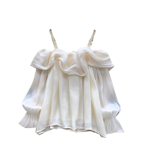 Off-shoulder Ruffled Flowing Chiffon Top