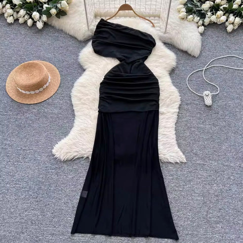 Slant Neckline Pleated Black Dress