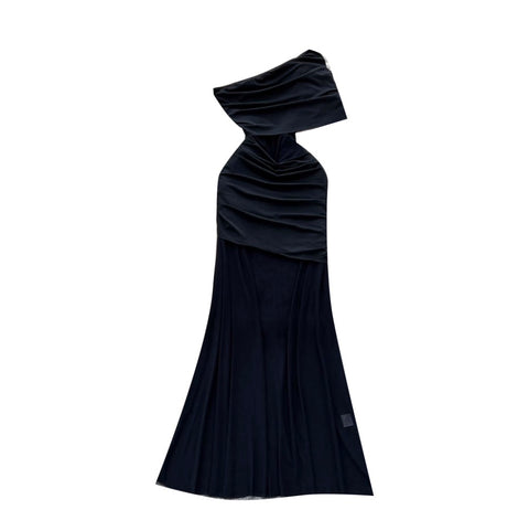 Slant Neckline Pleated Black Dress