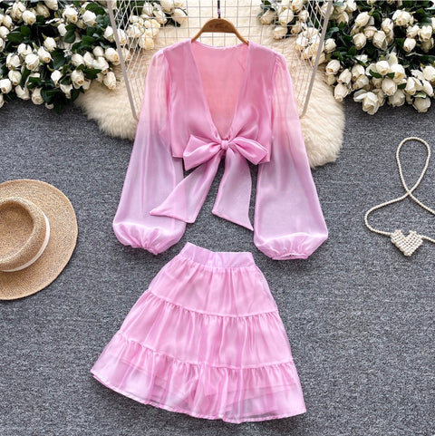 Deep V-neck Top & Ruffled Skirt 2Pcs