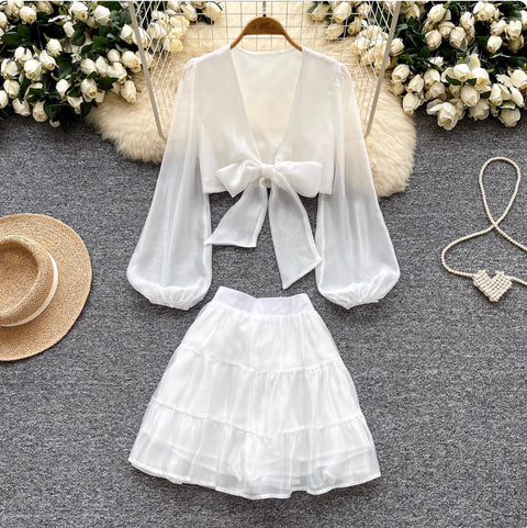 Deep V-neck Top & Ruffled Skirt 2Pcs