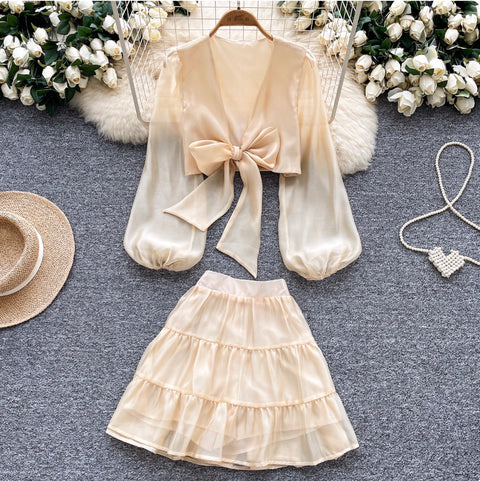 Deep V-neck Top & Ruffled Skirt 2Pcs