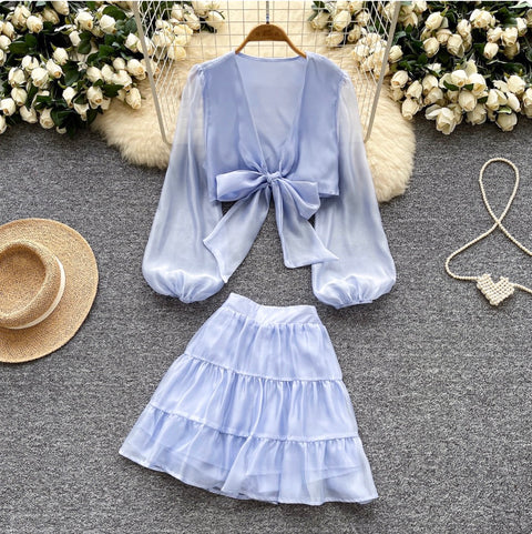 Deep V-neck Top & Ruffled Skirt 2Pcs
