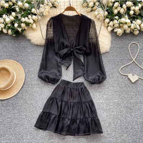 Deep V-neck Top & Ruffled Skirt 2Pcs