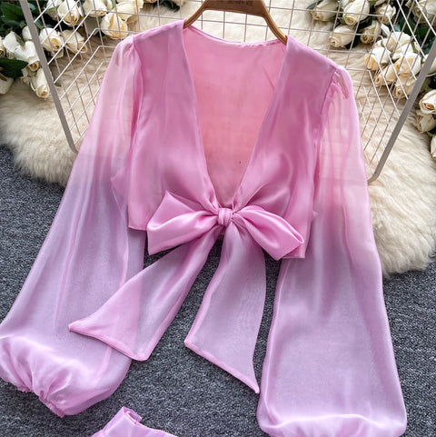 Deep V-neck Top & Ruffled Skirt 2Pcs