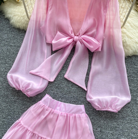 Deep V-neck Top & Ruffled Skirt 2Pcs