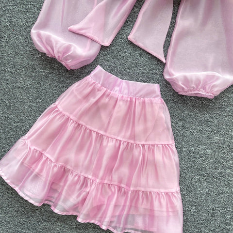 Deep V-neck Top & Ruffled Skirt 2Pcs