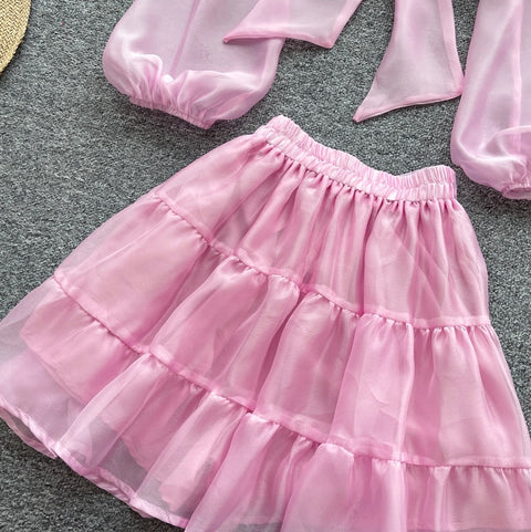 Deep V-neck Top & Ruffled Skirt 2Pcs