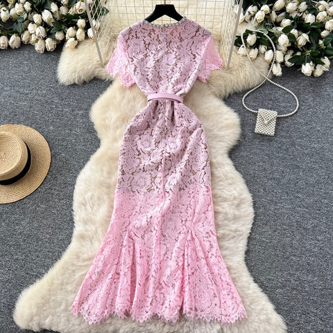 Rhinestone Studded Lace Fishtail Dress