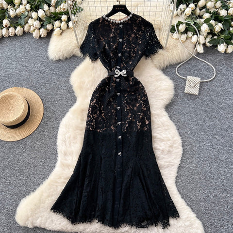 Rhinestone Studded Lace Fishtail Dress