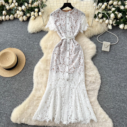 Rhinestone Studded Lace Fishtail Dress
