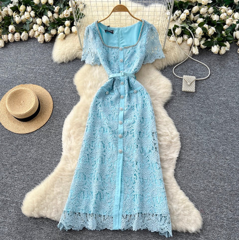 Square Neckline Rhinestone Studded Lace Dress