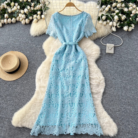 Square Neckline Rhinestone Studded Lace Dress