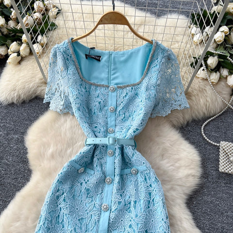 Square Neckline Rhinestone Studded Lace Dress