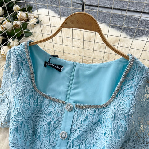 Square Neckline Rhinestone Studded Lace Dress