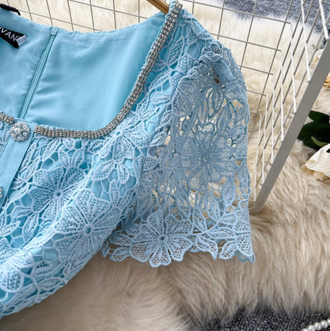Square Neckline Rhinestone Studded Lace Dress