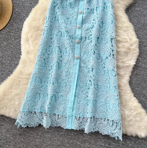 Square Neckline Rhinestone Studded Lace Dress