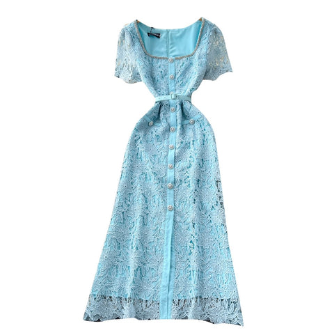 Square Neckline Rhinestone Studded Lace Dress