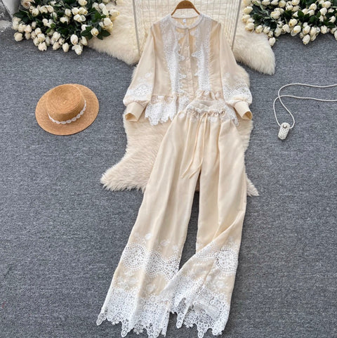 Hollowed Crochet Shirt & Trousers 2Pcs