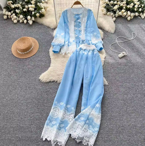 Hollowed Crochet Shirt & Trousers 2Pcs