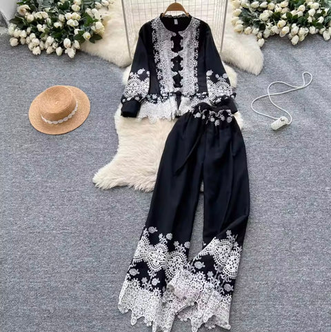 Hollowed Crochet Shirt & Trousers 2Pcs