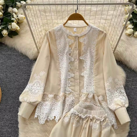 Hollowed Crochet Shirt & Trousers 2Pcs