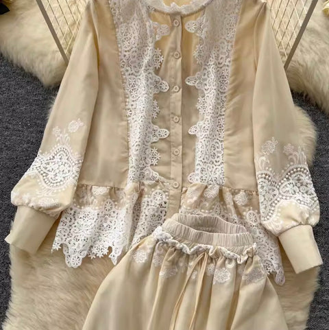 Hollowed Crochet Shirt & Trousers 2Pcs