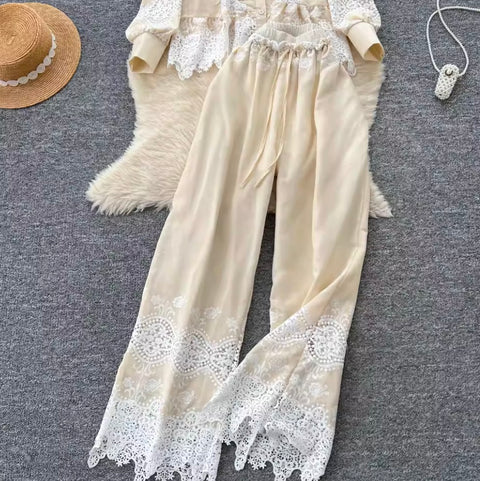 Hollowed Crochet Shirt & Trousers 2Pcs