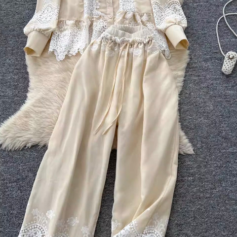 Hollowed Crochet Shirt & Trousers 2Pcs