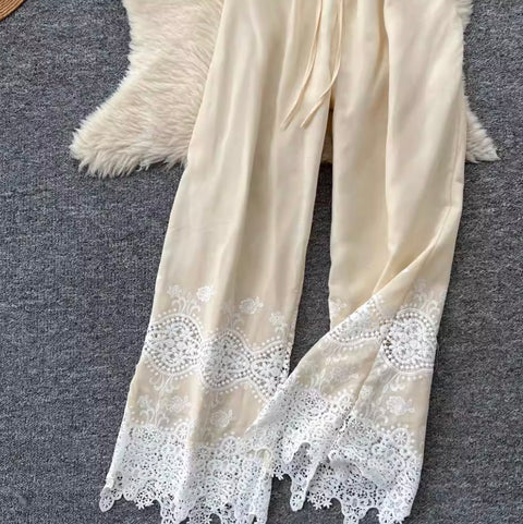 Hollowed Crochet Shirt & Trousers 2Pcs