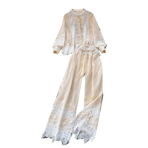 Hollowed Crochet Shirt & Trousers 2Pcs