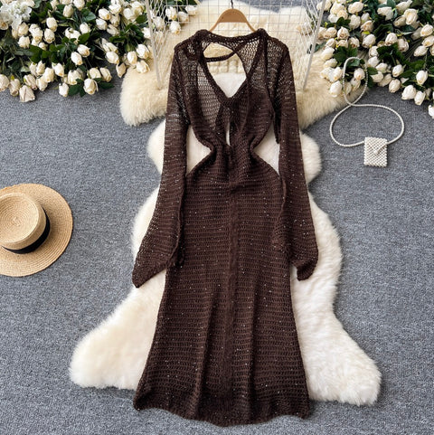 Niche Sequined Hollowed Knit Dress