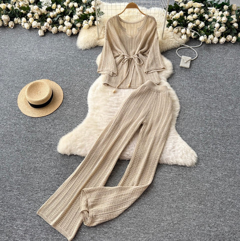 U-neck Knitwear & Trousers Hollowed 2Pcs