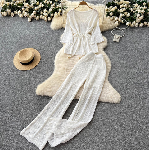 U-neck Knitwear & Trousers Hollowed 2Pcs
