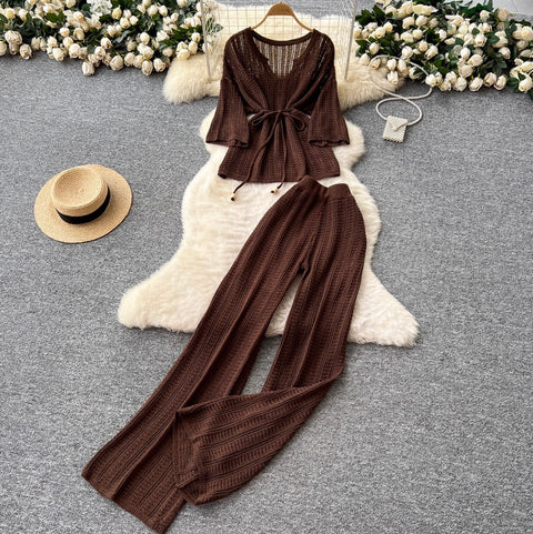 U-neck Knitwear & Trousers Hollowed 2Pcs