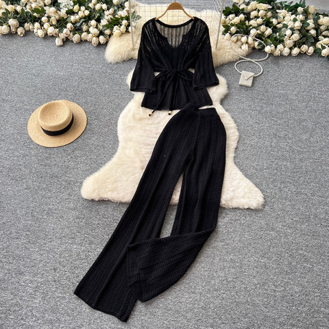 U-neck Knitwear & Trousers Hollowed 2Pcs