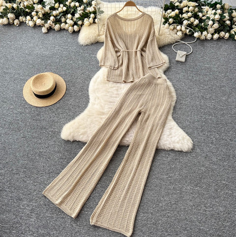 U-neck Knitwear & Trousers Hollowed 2Pcs