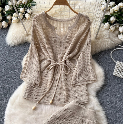 U-neck Knitwear & Trousers Hollowed 2Pcs