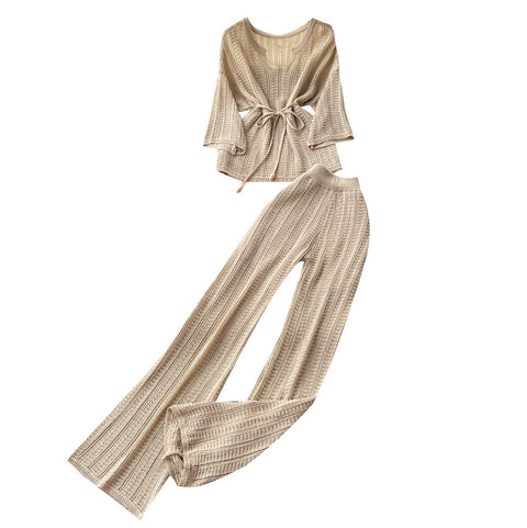 U-neck Knitwear & Trousers Hollowed 2Pcs