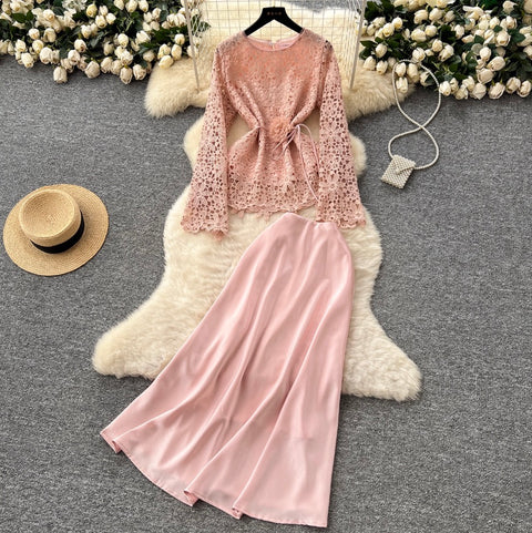 Lace Shirt & Satin Skirt Elegant 2Pcs