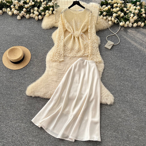 Lace Shirt & Satin Skirt Elegant 2Pcs