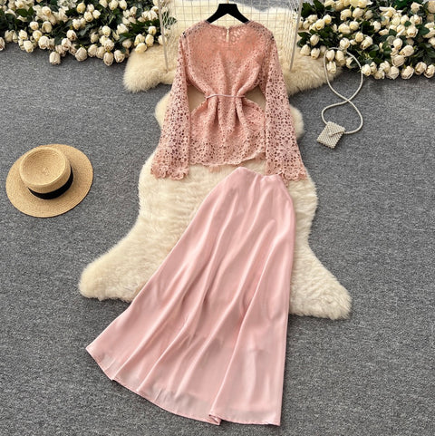 Lace Shirt & Satin Skirt Elegant 2Pcs