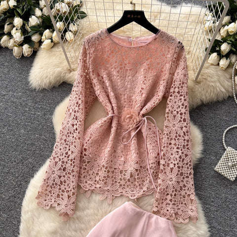 Lace Shirt & Satin Skirt Elegant 2Pcs