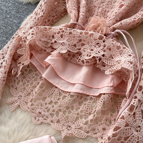 Lace Shirt & Satin Skirt Elegant 2Pcs