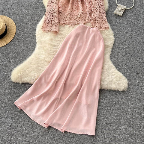 Lace Shirt & Satin Skirt Elegant 2Pcs