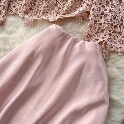 Lace Shirt & Satin Skirt Elegant 2Pcs