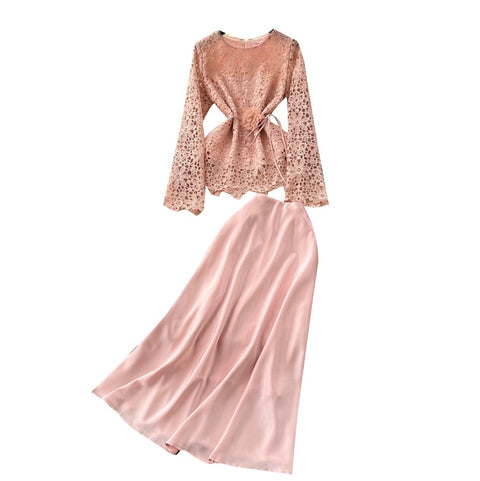 Lace Shirt & Satin Skirt Elegant 2Pcs