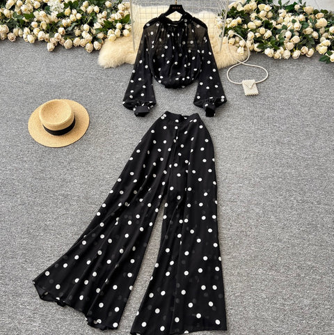 Polka Dot Shirt & Trousers Chiffon 2Pcs