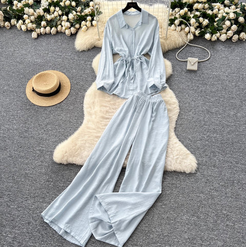 Drawstring Shirt & Wide-leg Trousers 2Pcs