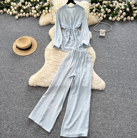 Drawstring Shirt & Wide-leg Trousers 2Pcs
